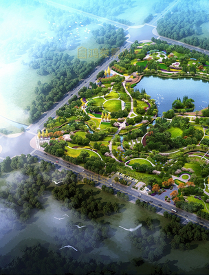 濱河公園環(huán)湖景觀設(shè)計(jì)鳥瞰效果圖展示
